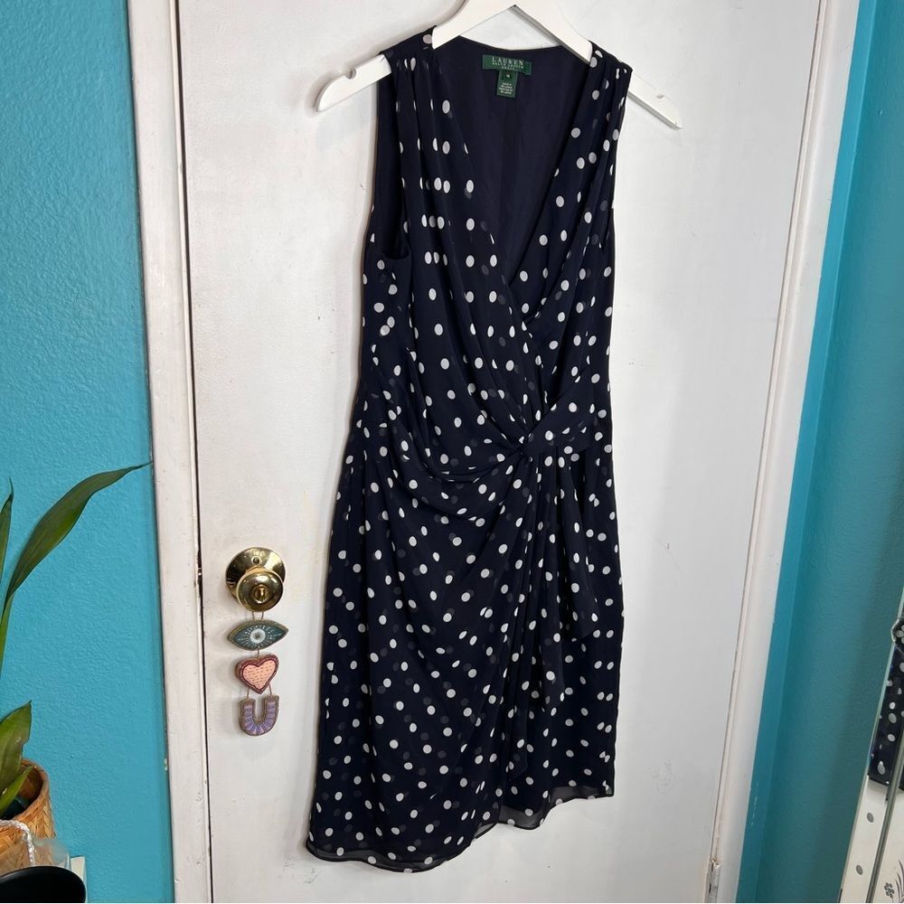 Lauren Ralph Lauren Navy Polka Dot Sleeveless Wrap Dress